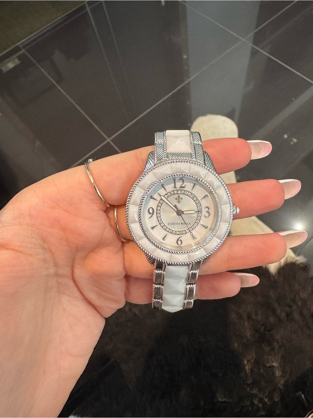 Judith Ripka Silvertone Watch White Pyramid Stud Stone Bezel Textured Link Band